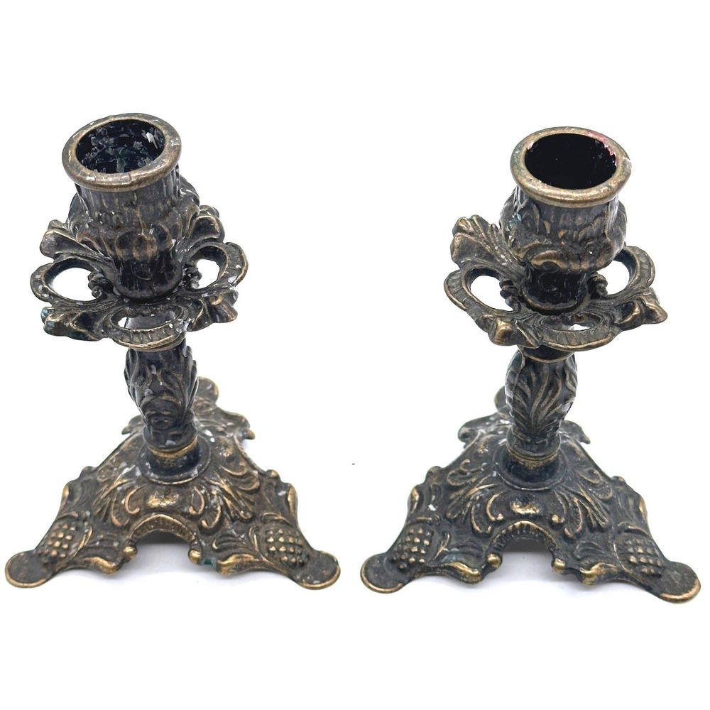 Vintage Italian Ornate Brass Candlesticks Pair 5.25" Baroque Gold Heavy Metal